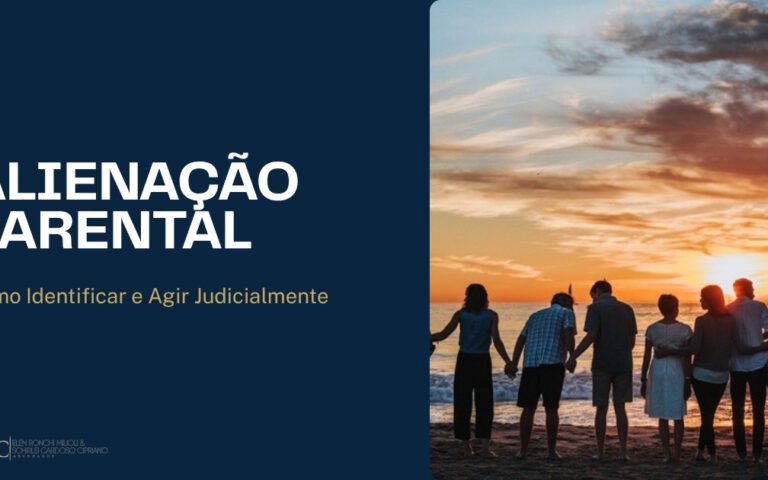 Silhueta de família ao pôr do sol com título Alienação Parental